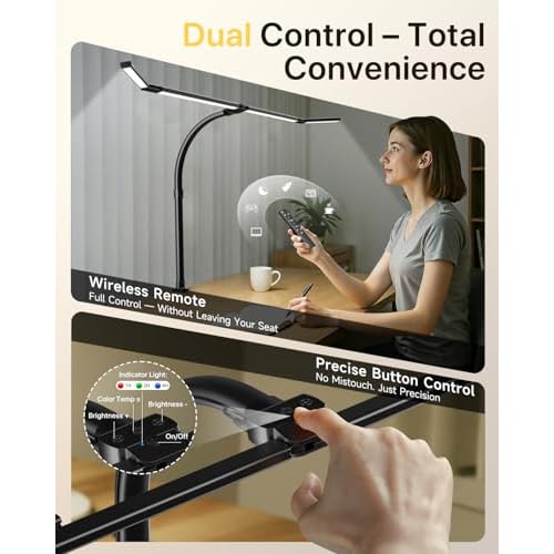 ONEMIX 42" LED Desk Lamp with Clamp, Architect Desk Light with Remote, Adjustable 4-Segment Bar, 1800LM Bright, Eye-Caring Desk Lamp for Home Office, Reading, Study, Dual Monitors, Workbench (Black)