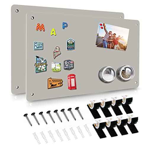 2Pack Magnetic Board,17.5" x 11.4" Magnet Bulletin Board to Display Magnetic Notes, Poetry, Photos, Suitable for Wall, Refrigerator, Cabinet etc, Come with 8 Pcs Dual Lock Tape and Screws (Gray)
