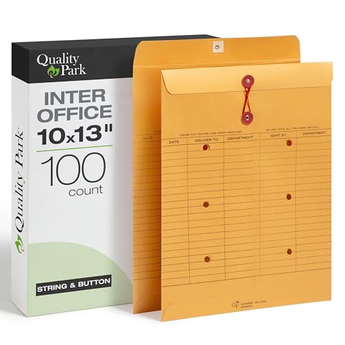 10 x 13 Interoffice Envelopes with String & Button Closure, 100 Pack - Heavyweight Brown Kraft Document Mailers for Office Routing