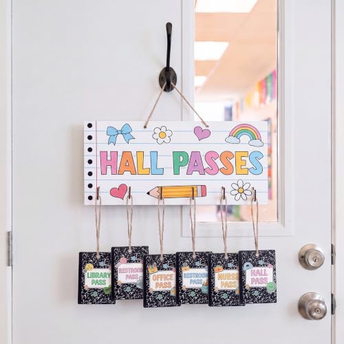 Mooliwe Classroom Hall Passes Set - Pastel Wooden Sign & Student Passes
