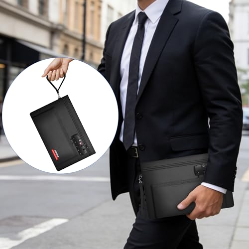 Hontom Double Layer Fireproof Money Bag with Lock & Hidden Zipper - 11x7 in (Black)
