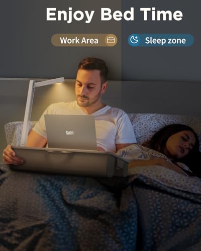 SAIJI Gray Portable Lap Desk with LED Light, Cushioned Bed Tray with Storage