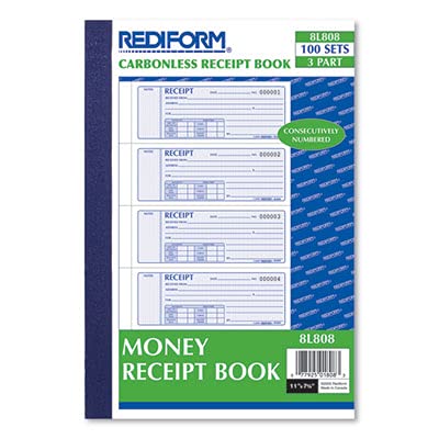 Rediform 11" x 8" Money Receipt Book, 100 Sets, 3-Part Carbonless, 4 Per Page (8L808) with Detachable Forms