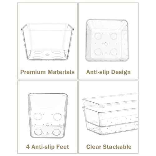 15Pcs Clear Plastic Drawer Organizers Set, 4size makeup drawer organizer trays for vanity/desk/bathroom/office/nightstand/gadgets for kitchen/desk drawer, Versatile drawer divider storage bins
