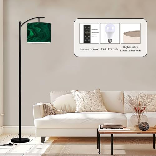 Arc Floor Lamp Green Emerald Luxury Abstract Golden line Art Marble Modern Tall Standing Lamp Dimmable with Remote Adjustable Drum Shade Footswitch for Living Room Bedroom Office