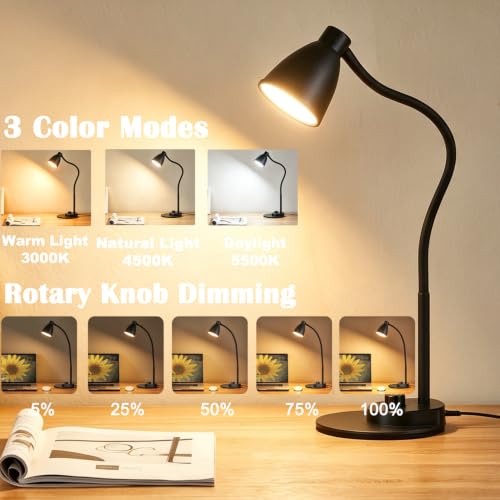 BOHON Matt Black LED Desk Lamp with USB Charging, 3 Color Modes, Dimmable