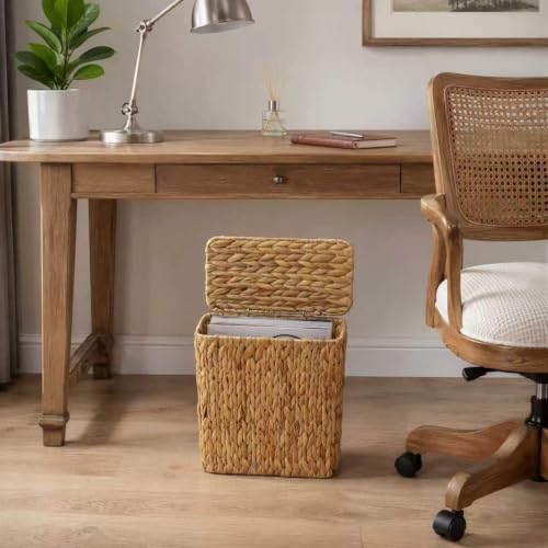 Coeusy Water Hyacinth Wicker Trash Can with Lid, Small Bathroom Waste Bin 3 Gallon
