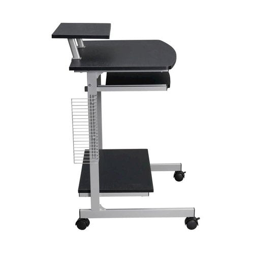 Furnifact Brown Mobile Desk with Adjustable Shelf, Keyboard Tray, Side Media Rack and Locking Casters, Compact Portable Work Station for Small Spaces