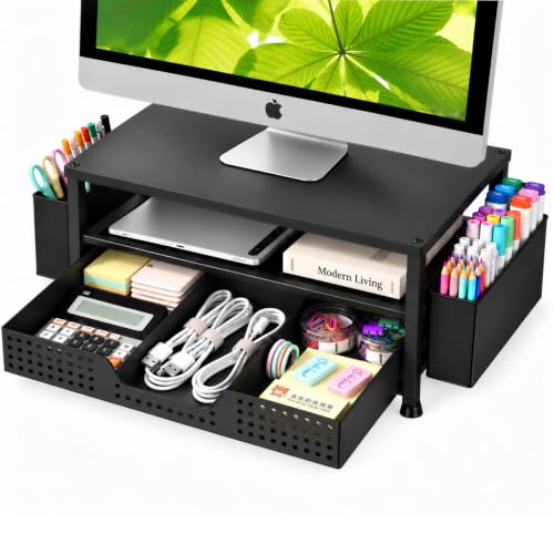 ECOLOVI Black 2-Tier Monitor Stand with Drawer & Pen Holders for Office Desk