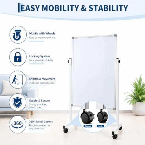IDEALHOUSE 40x28 Inch White Double-Sided Mobile Whiteboard with Adjustable Height