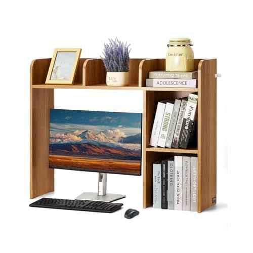 VEVOR Wood Desk Shelf, Desktop Bookshelf, Desk Storage Hutch with 6 Shelves, Office Countertop Organizer 3-Tier Display Rack, with Anti-Slip Feet Pads, for Office, Home & Dorm, Natural