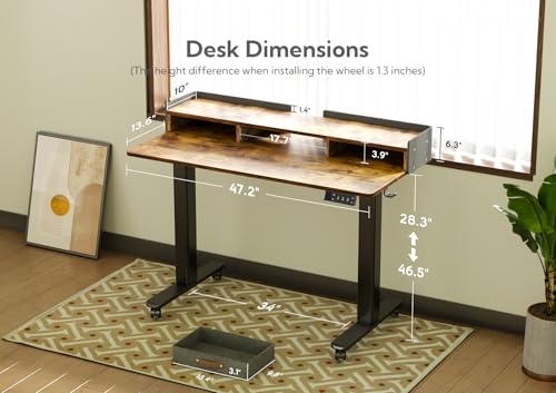 Claiks Rustic Brown 48 Inch Standing Desk with Drawers & Wheels - 47.2x23.6 Adjustable Height