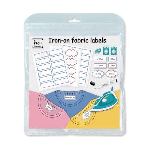 HX AURIZE Precut Iron On Name Labels for Clothing (116 Pcs) - Laundry Resistant Fabric Tags | Nursing Home & Daycare Use | Includes Pen, 2-Color 3 Shapes (Berry & Sky)
