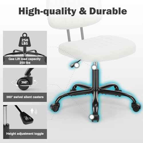 DUMOS Small Armless Home Desk Executive Chair with Low Back Lumbar Support, Height Adjustable PU Leather Computer Office Chair with 360¡Æ Swivel Wheels for Kids and Adults, White