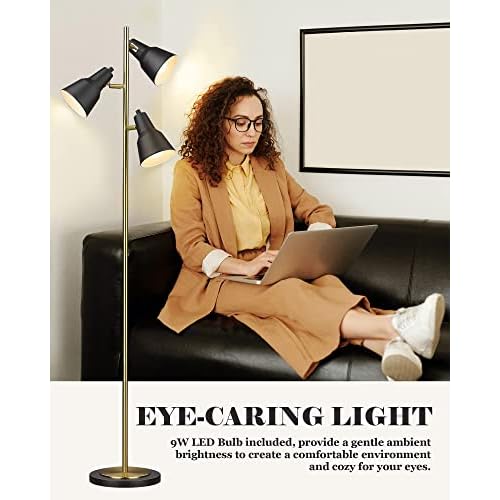 ELYONA Gold Tree Floor Lamp with 3 Adjustable Rotating Lights, Industrial Tall Pole Metal Standing Lights with 3 LED Bulbs for Living Room,Bedroom,Farmhouse,Office,Hotel, Vintage Brushed Brass & Black