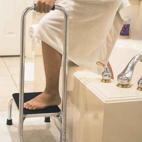 Vaunn Medical Foot Step Stool with Handle and Anti Skid Rubber Platform, Lightweight and Sturdy Stool for Children, Adults and Seniors, Chrome