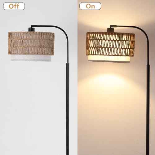 Arc Floor Lamp for Living Room£¬Boho Standing Lamp with Rattan & Fabric Shades,Farmhouse Floor Lamps with Foot Switch£¬Adjustable Tall Lamp for Bedroom, Office,LED Bulb Included