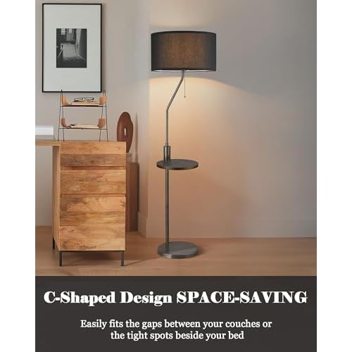 ELYONA C Shaped End Table Floor Lamp with USB A+C Charging Ports Wood Side Table Modern Reading Light Black Linen Shade Farmhouse Tall Standing Lamp for Living Room Bedroom Office LED Bulb Included