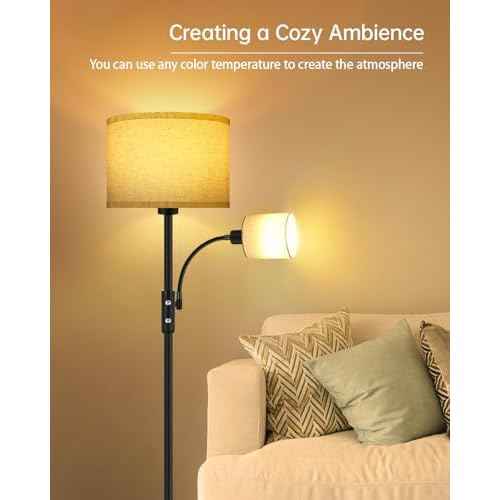Floor Lamps for Living Room, Modern Floor Lamp with Reading Lamp, 62" Tall Standing Lamp, Beige Lampshades, Simple Pole Lamps for Bedroom/Office/Kids Room/Den(Bulbs Not Including, E26/E12 Base)