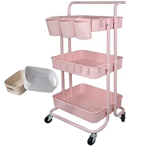 3 Tier Utility Rolling Cart Storage Organizer Shelf Rack with 3PCS Hanging Cups + 8PCS Hooks + 2PCS Storage Box for Home Office Kitchen Bathroom (Pink 3 Cup+8 Hook+2 Storage Box)