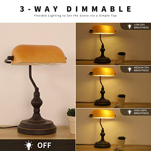 Banker Desk Lamp Touch Control, Vintage Banker's Desk Lamp with USB Port, 3 Way Dimmable Desk Lamps, Farmhouse Library Lamp Oil Rubbed Bronze for Office, Study Room