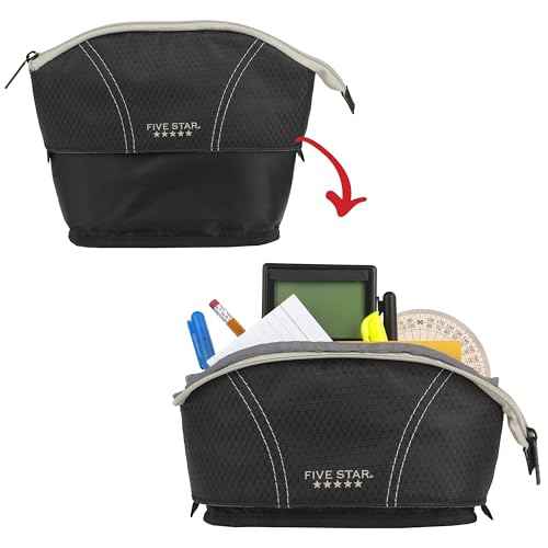Five Star Pencil Pouch, Pen Case, Quick View Expandable Zipper Pouch, Storage Organizer for School Supplies Earbuds Chargers Cables Makeup, Black/Grey (507610A-ECM)