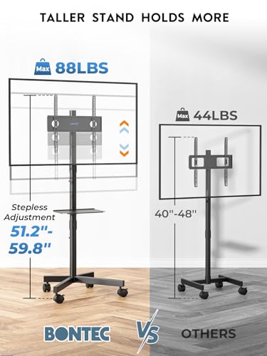 BONTEC Black Rolling TV Stand for 23-65 Inch Flat & Curved Screens, Mobile TV Cart with Adjustable Height and Shelving