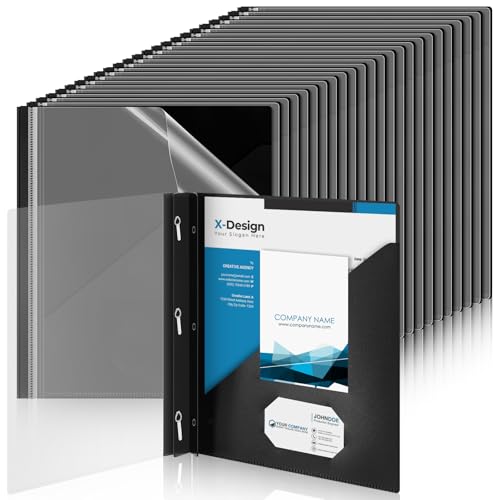 Teling 48 Pack Clear Front Report Covers with 3 Prongs Fasteners, 11.42 x 9.45 Inch Plastic Presentation Folders Bulk, 90 Sheet Capacity, Book File Covers for Office School Business, Black