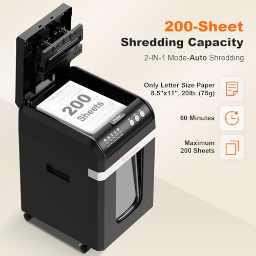 Bonsaii Heavy Duty Micro Cut Paper Shredder 200-Sheet Auto Feed Large Black Office