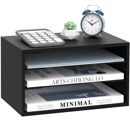 SUPEASY Wooden Desk Organizer - 3 Tier Paper File Organizer for Office, School & Home, Black