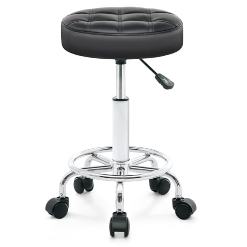 ACFOUL Rolling Stool with Wheels, Black – Adjustable PU Leather Office Chair with Footrest