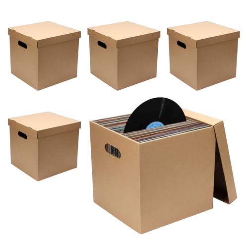 5 Pcs 12'' Cardboard Vinyl Record Storage Box, Moving Box with Double Thickness Handles and Lids Record Album Storage Crate, Cardboard Crate for Album Vinyl Storage