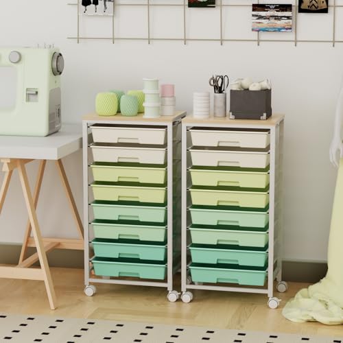 Rolling Storage Cart with 8 Drawers & Wooden Tabletop, Utility Cart with Wheels for Craft Storage, Home, School, Bedroom, Living Room, Dorm, Office, Classroom, Art Supply Storage Organizer Cart, Green