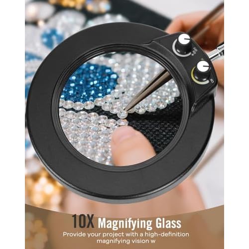 LANCOSC 10X Magnifying Glass with Light and Stand, Switch Knob for Multi-Color Modes Stepless Dimmable, LED Lighted Desk Lamp & Clamp, Hands Free Magnifier for Repair Crafts Hobby Painting Close Work