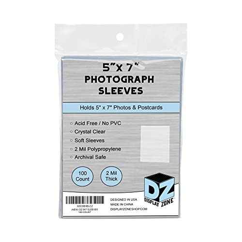 (100 Count) Display Zone 5x7 Photograph Sleeves - Crystal Clear Penny Sleeves for Pictures, Prints and Postcards - Soft Plastic Photo Protectors - Oversized Trading Card Holders