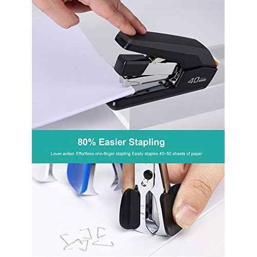 Deli Effortless Desktop Stapler, 40 Sheet Capacity, One Finger Touch Stapling, Easy to Load Ergonomic Heavy Duty Stapler, Includes 1500 Staples and Staple Remover