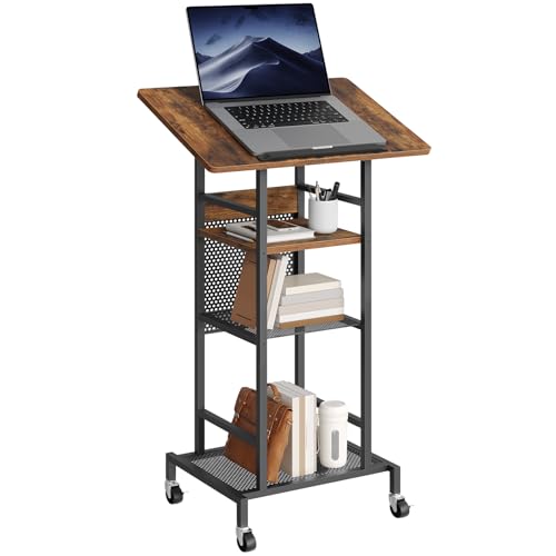 MAHANCRIS Rustic Brown & Black Podium Stand with Locking Wheels, 4-Tier Lectern