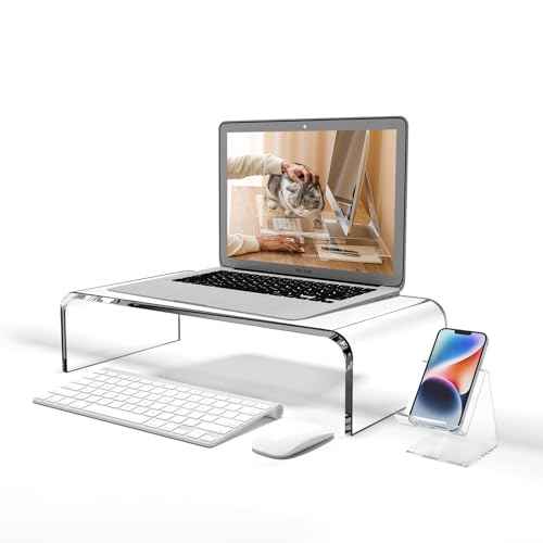 Premium Acrylic Monitor Stand | Clear Laptop Riser for Desk, Office and Home | Computer Stand for TV, Printer, and More | 16" L x 8" W x 4" H with Bonus Phone Stand