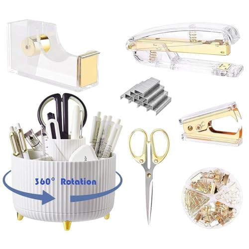 Desk Organizers and Accessories Set with 360-Degree Rotating Pen Holder, Acrylic Stapler, Tape Holder, Staple Remover, Binder/Paper Clips Kit, Scissor and 1 Box of Staples