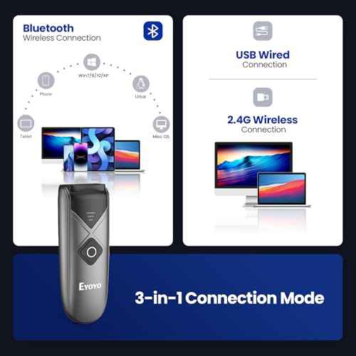 Eyoyo Bluetooth 2D&1D Barcode Scanner, Portable Wireless Mini Barcode Reader with 2.4G Wireless/Bluetooth/USB Wired Connection QR Code Scanner Compatible with Pad, Phone, Android, Tablet PC