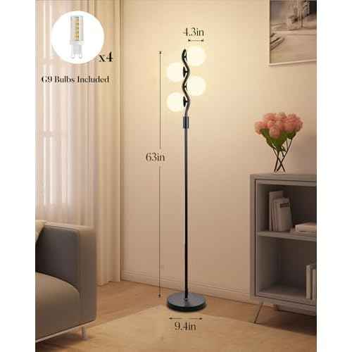 Lightdot Dimmable Globe Floor Lamp, Black Standing Lamps with 4pcs 3000K G9 Bulbs Soft Warm White Eye Care, Mid Century Floor Lamp for Living Room/Bedroom