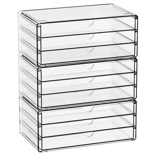 Yieach 11.1 Inch Long Clear Drawer Organizers Stackable,3 Pack Small Acrylic Drawers,School,Office Supplies Organizer And Storage Bins for Stationery,Marker,Pen,Pencil,Craft Desktop Storage Drawers