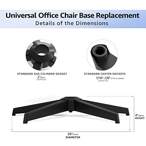 MASTERY MART 28 Inch Office Chair Base, Heavy Duty 2400 Lbs, Reinforced Metal Desk Chair Replacement, Universal Gas Cylinder Hole Caster Socket, Matte Black