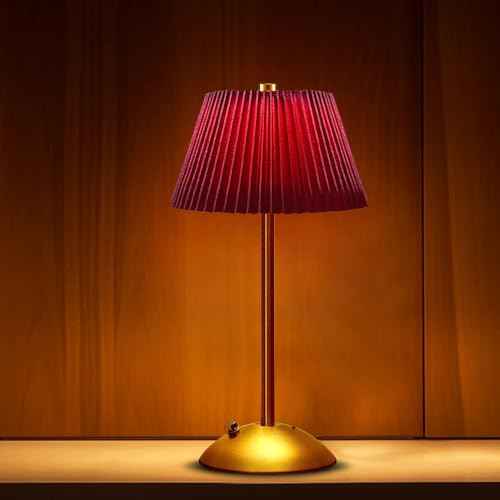 Cordless Metal Desk Lamp,Touch Sensor Control LED Table Lamp,3 Way Dimmable Nightstand Lamp with Fabric Shade Desk Lamp for Living Room (Red)