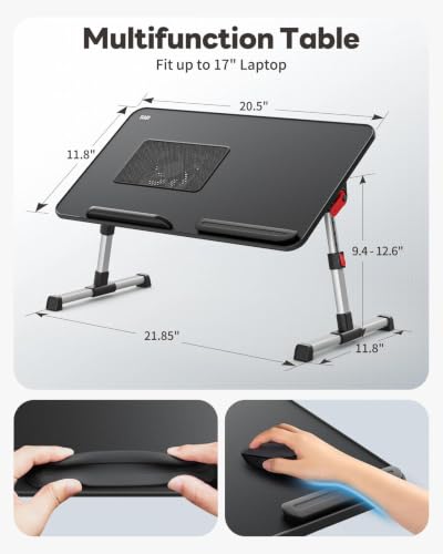 SAIJI Black Laptop Desk for Bed with Cooling Fan, Adjustable Table