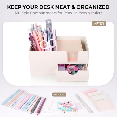 SKYDUE Beige Small Desk Organizer with Sticky Notes Holder, Pen Cup