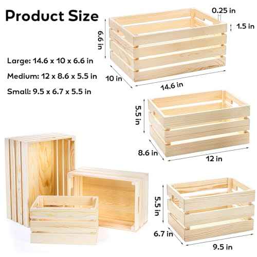 Youeon Set of 3 Rustic Wooden Nesting Crates with Handles, Decorative Wooden Crates, Crate Box Wooden Storage Box for Kitchen, Office, Bedroom, Closet, Rustic Country Decor
