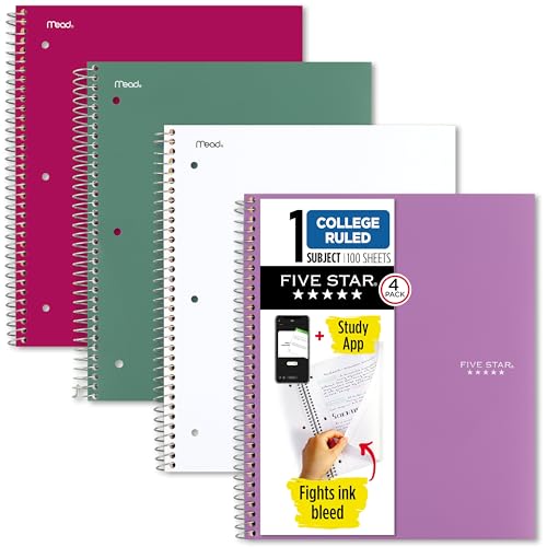 Five Star 4 Pack College Ruled Spiral Notebooks with Water-Resistant Covers, 100 Sheets, 8.5" x 11", Purple Pink White Green, Study App Compatible