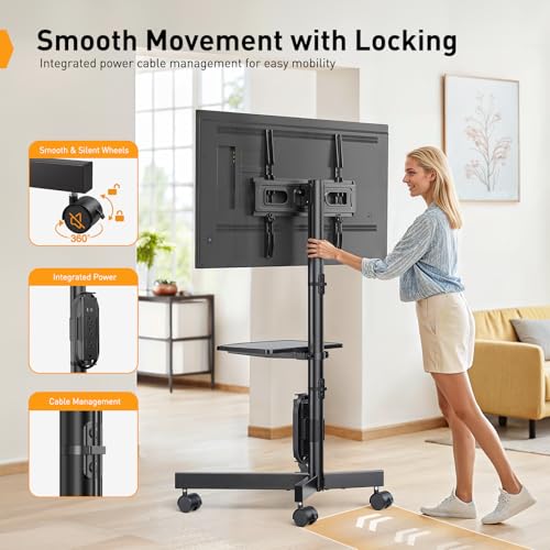 Perlegear Mobile TV Cart, Clip-On Integrated Power Supply, Rolling TV Stand Portable for 23-60¡È TVs (up to 88 lbs), 3 Height Levels with Adjustable Tray, TV Stand with Wheels, Max VESA 400x400mm