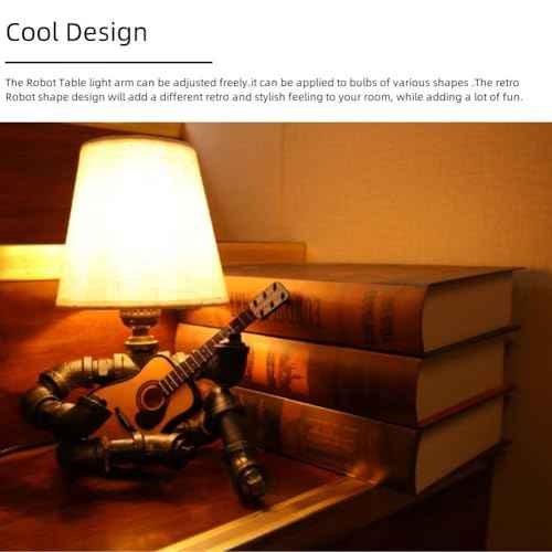 Steampunk Music Guitar Table Lamp,Retro Robot Table Lamps,Cool Guitar Stuff Gifts for Men Music Lovers Guitar Players,Industrial Water Pipe Lamp with Bulb and Shade